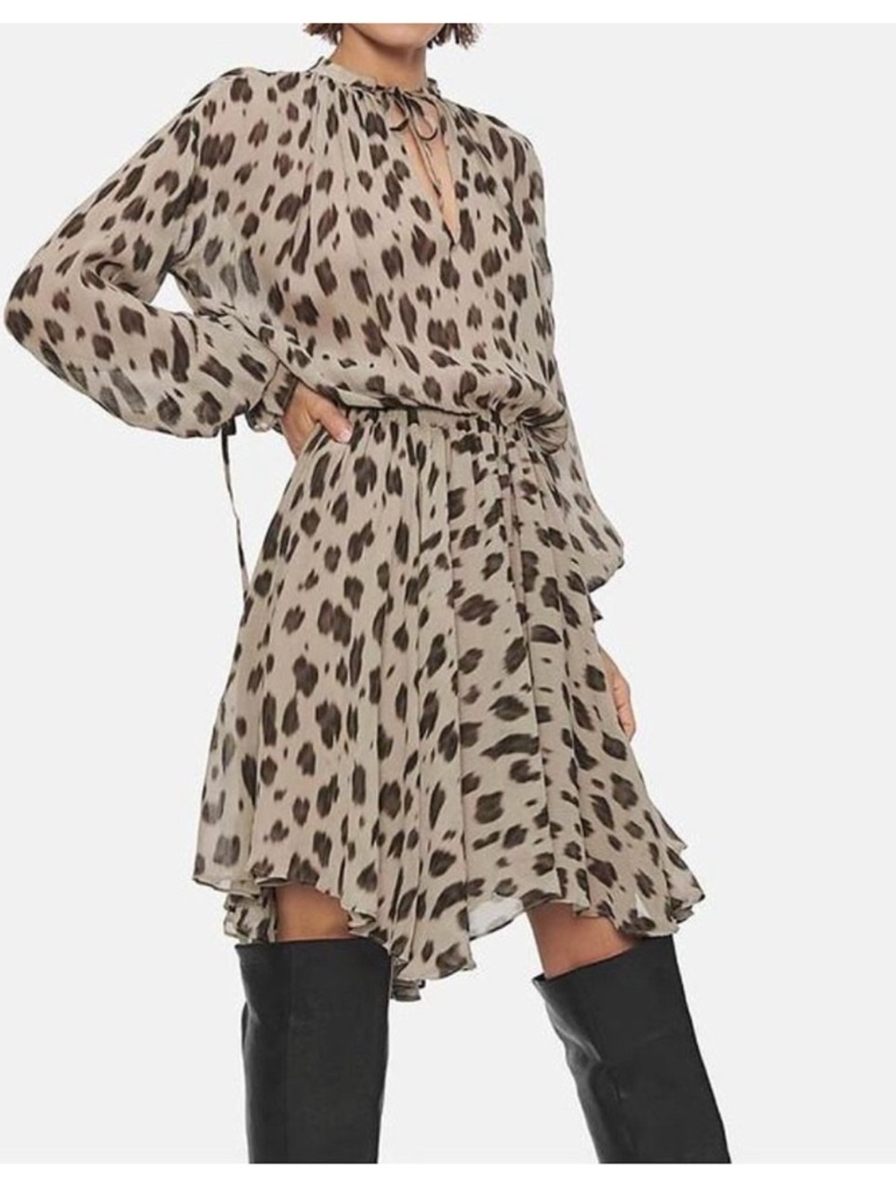 Anine Bing Elliana Leopard Dress Long Puff Sleeves Silk Chiffon